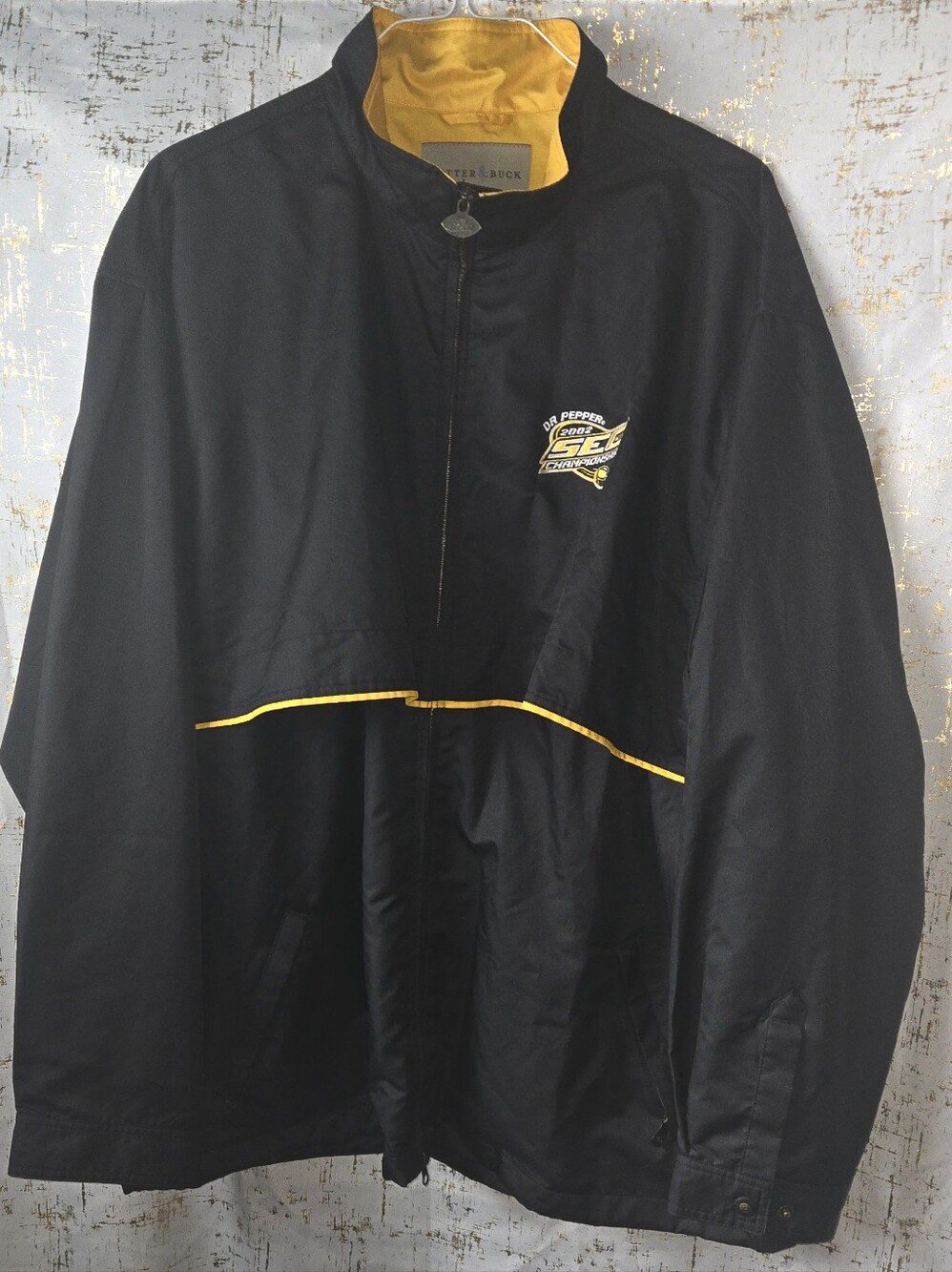 Cutter & Buck SEC Dr Pepper 2002 Black Windbreaker with Yellow Piping and Logo